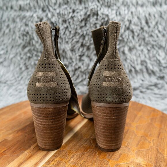 TOMS Women's Majorca Boots Size 9 Block Heel Open Toe Olive Green Suede Boho - Picture 5 of 7